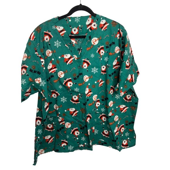 Christmas Themed Scrub Top With Santa & Snowflake Print Unisex Cotton Blend Ches - Picture 1 of 3